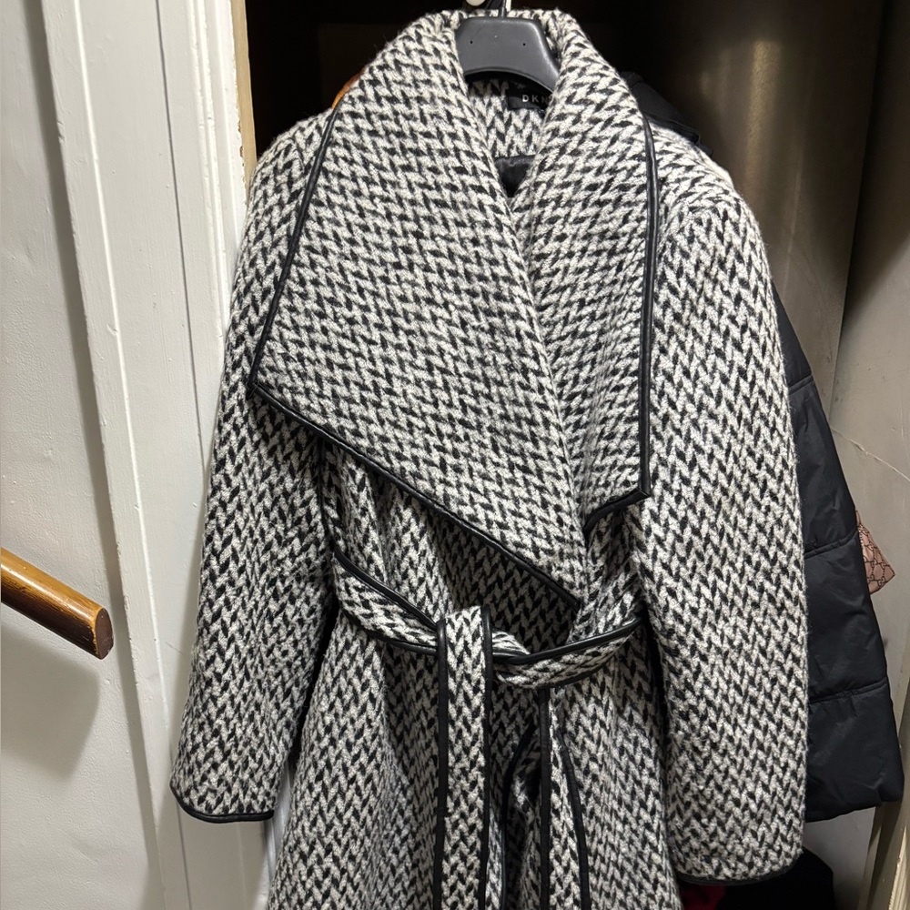 DKNY Black and White Houndstooth Trench Coat